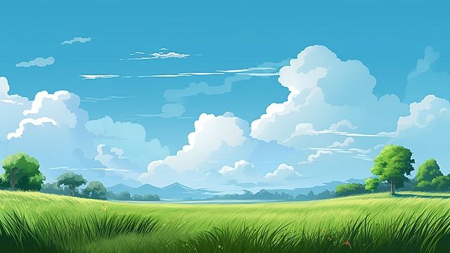 a green field with trees and clouds in the sky