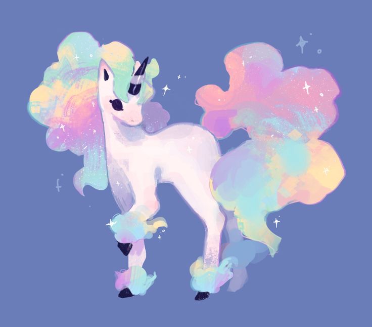 an illustration of a unicorn with clouds and stars in the sky behind it on a blue background