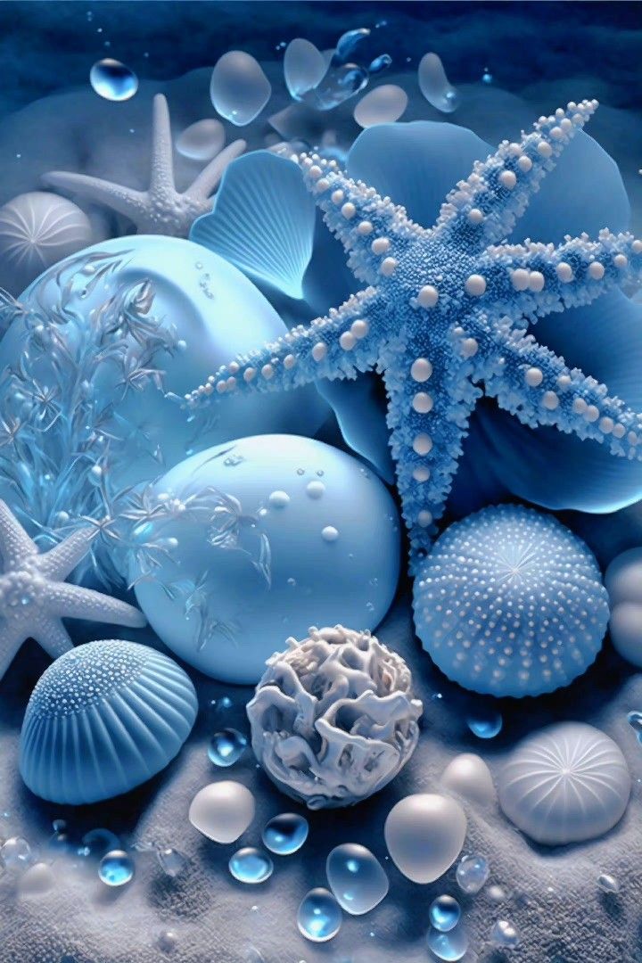 blue sea shells and starfish on the sand with bubbles in the water below them