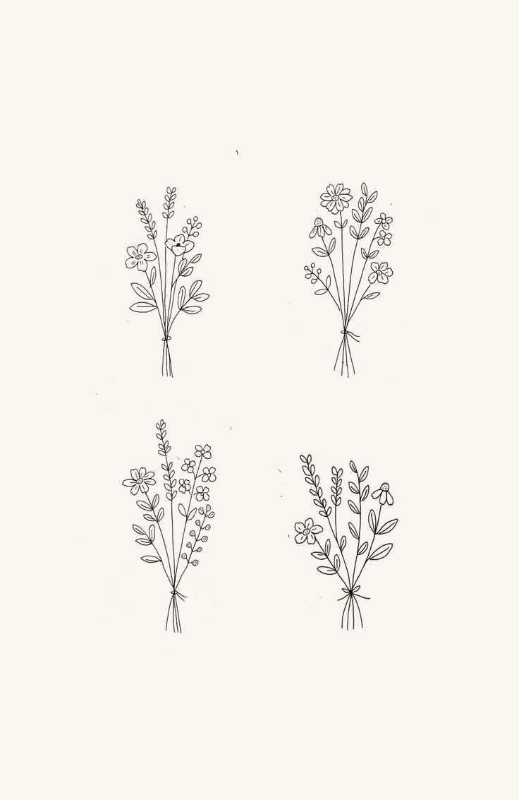 four different types of flowers are shown in black and white on a light background,