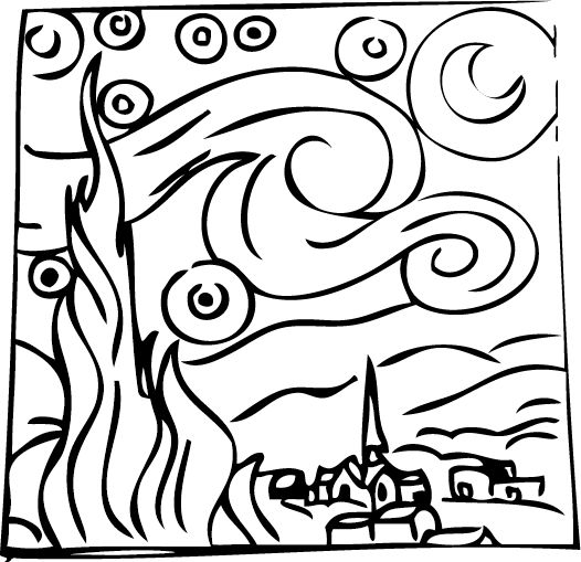 a black and white drawing of a tree with swirls in the sky above it