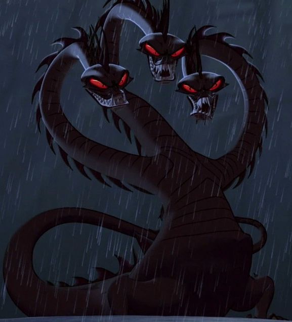 two black dragon with red eyes are in the rain, one is biting another's head