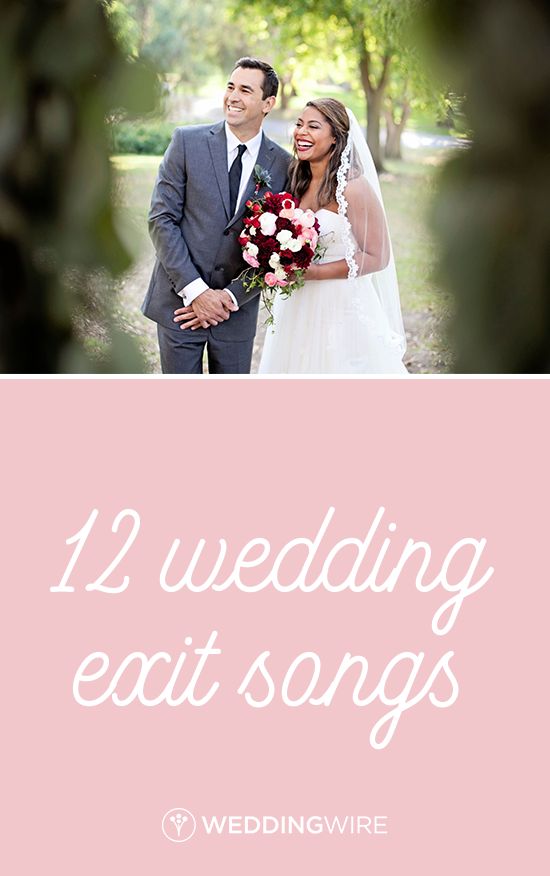 a bride and groom standing next to each other with the words, 12 wedding exit songs