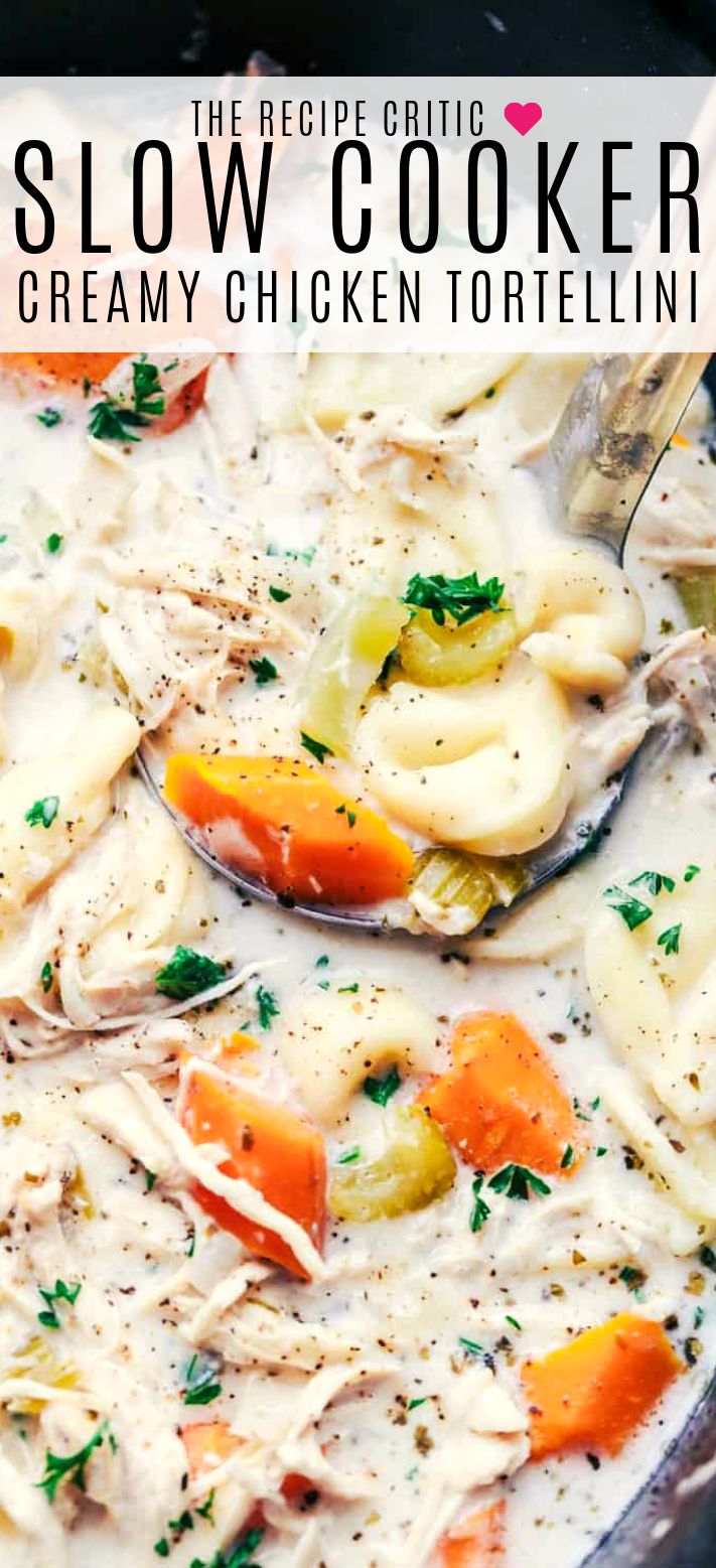 the recipe for slow cooker creamy chicken tortellini is shown in a skillet