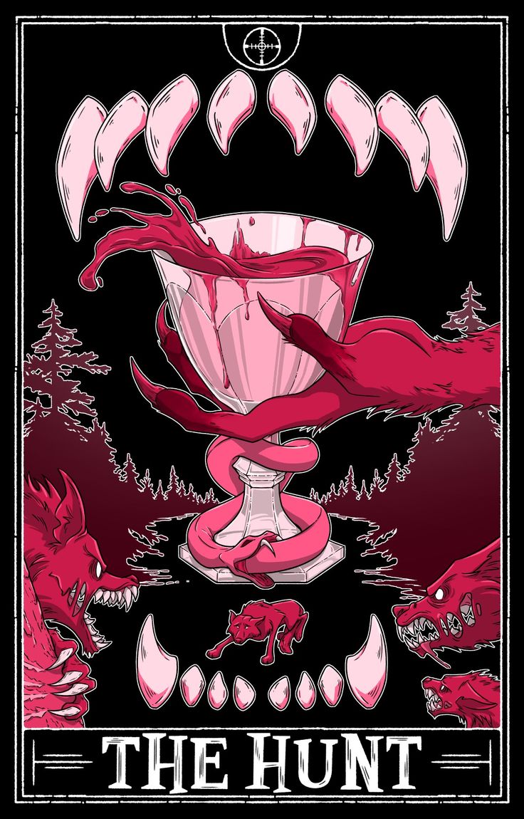 the hunt poster is shown in pink and black with an image of a demon on it