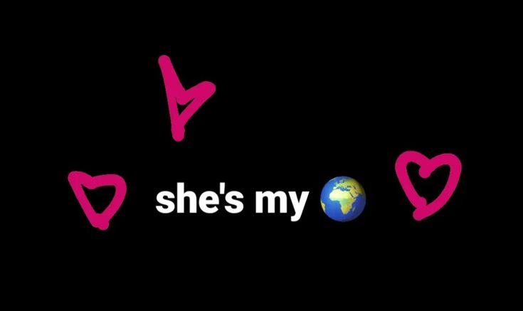 the words he's my on a black background with pink hearts and a globe