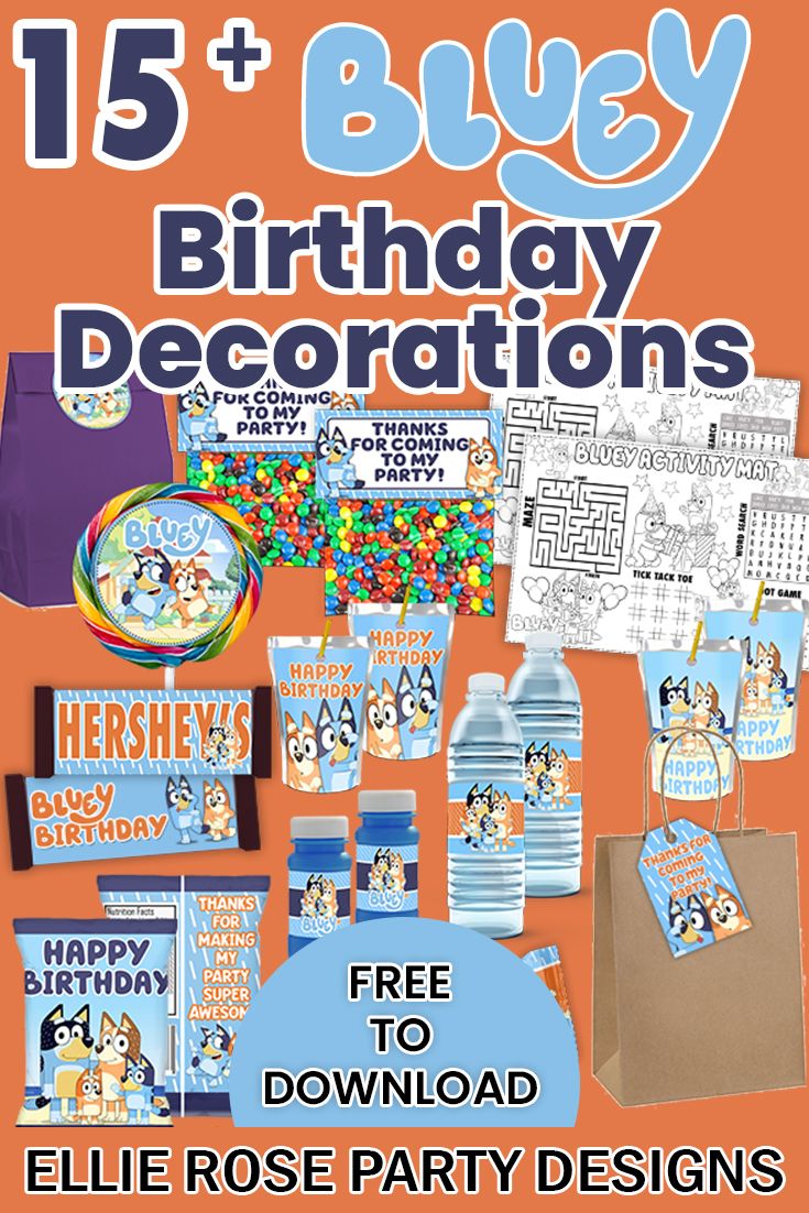 birthday decorations and party supplies for children with the title, 15 + bluey birthday decorations