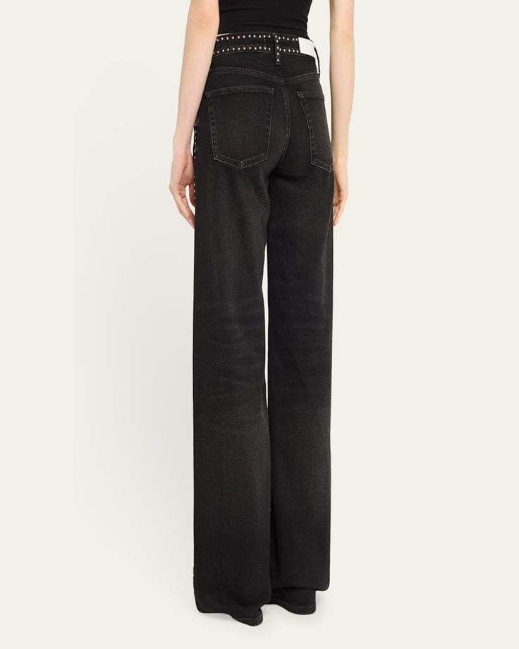 RE/DONE wideleg jeans featuring stud embellishment in black denim     Midrise; sits high on the hip    Fivepocket style     Relaxed fit     Full length    Button/zip fly; belt loops     Cotton/elasterellp/Lycra® spandex    Imported Black Wide-leg Flare Jeans With Belt Loops, Black Wide Leg Flare Jeans With Belt Loops, Black High Rise Jeans With Button Zip Fly, Mid-rise Washed Black Flare Jeans With Belt Loops, Black Wide Leg Flare Jeans In Rigid Denim, Wide Leg Jeans In Washed Black With Belt Loops, Edgy Wide-leg Flare Jeans With Five Pockets, Edgy Wide Leg Flare Jeans With Five Pockets, Edgy High Rise Flare Jeans