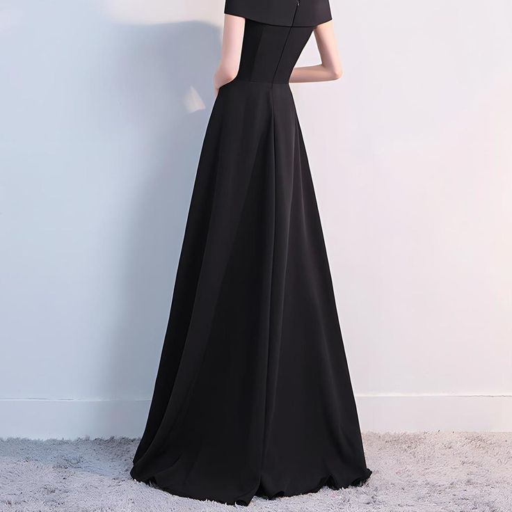 Black Off Shoulder Long Evening Dress (Elegant) Solid Color Floor-length Evening Dress For Banquets, Elegant Off Shoulder Party Dress, Chic Off Shoulder Floor-length Prom Dress, Chic Floor-length Off Shoulder Prom Dress, Chic Off-shoulder Floor-length Dress For Prom, Chic Floor-length Off-shoulder Prom Dress, Evening Floor-length Dress, Solid Color Evening Maxi Gown, Solid Color Maxi Dress For Prom Evening