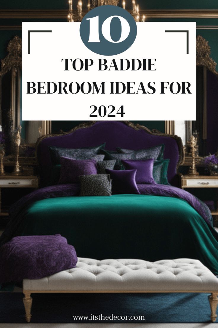 a bedroom with purple and green bedding