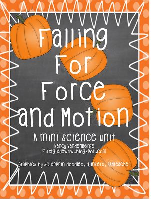 falling for force and motion mini science unit with an orange pumpkin on the blackboard