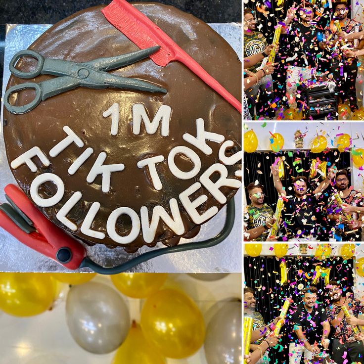 a collage of photos with balloons, confetti and scissors on the cake