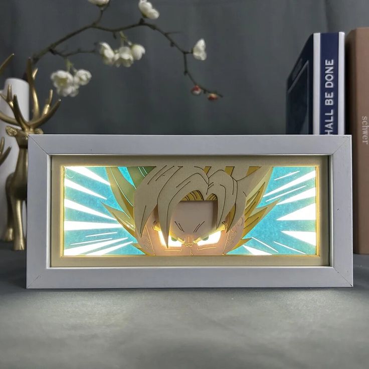 a white frame with an image of anime character on it and some books behind it