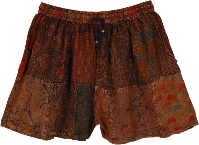 Feeling confident with these fiery shorts! The multi-pattern cotton shorts are perfect for the summertime, they come with an elastic drawstring waist for comfort and two pockets for storing essentials. The overall size runs a bit small. #tlb #Patchwork #Stonewash #Pocket #vacationclothing #Fall #Paisley #bohemianfashion #Cottonhalfpants #Unisexbohopants #Bohocargopants Bohemian Shorts With Elastic Waistband, Brown Cotton Drawstring Shorts, Multicolor Cotton Shorts With Elastic Waistband, Festival Shorts With Elastic Waistband, Brown Cotton Shorts For Beach, Multicolor Drawstring Shorts, Brown Bohemian Shorts, Casual Multicolor Shorts For Festival, Casual Multicolor Festival Shorts