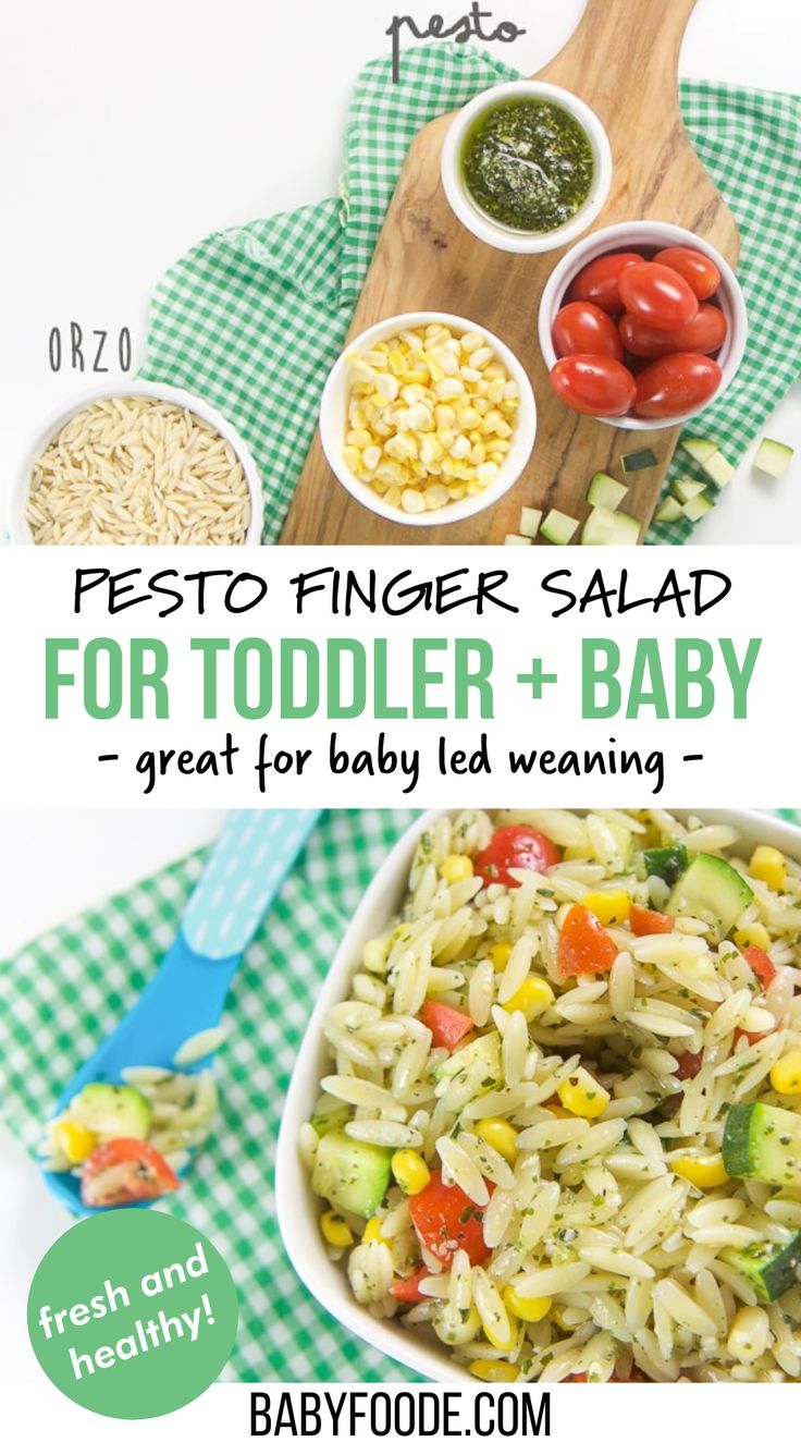 a bowl filled with rice and vegetables next to two bowls full of baby food, including tomatoes