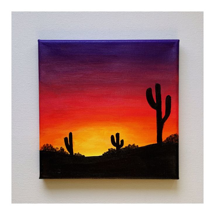 an acrylic painting of cactus at sunset