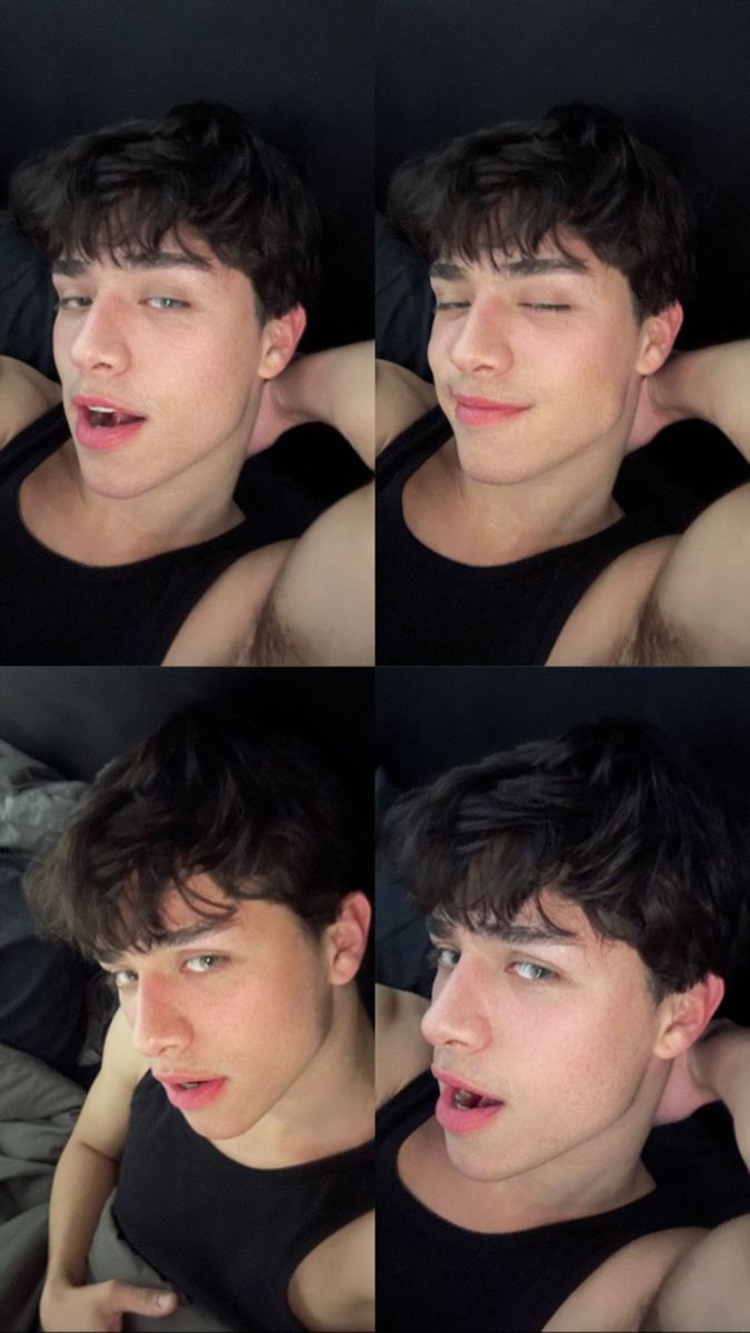 four different shots of a young man making funny faces and sticking his tongue out to the side