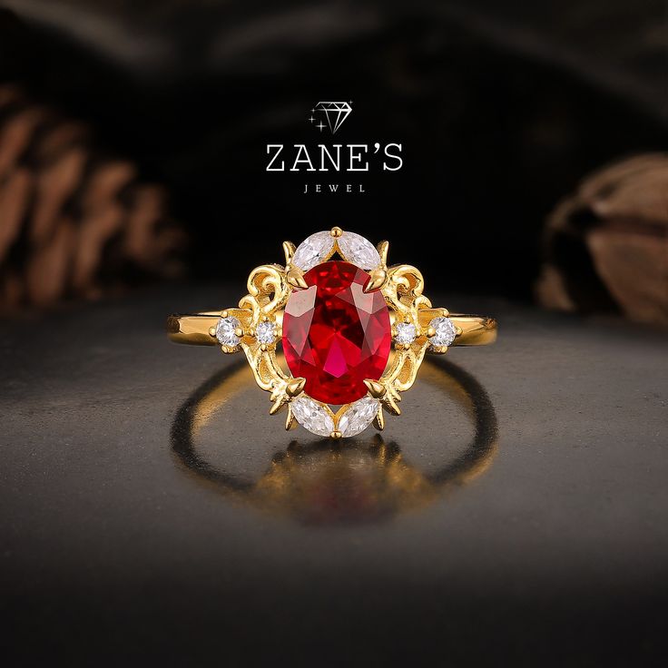 Introducing the stunning Gold Ruby Ring, showcasing a 1.5ct oval-cut ruby as its centerpiece. This exquisite gemstone is surrounded by a delicate floral branch design, with intricate filigree work that adds a touch of vintage elegance. Embedded within the branches are marquise-cut moissanite stones, adding a sparkling accent to the vibrant ruby. We recommend the gold setting to enhance the beauty of the ruby, but this ring can also be customized in silver, rose gold, or black gold. Choose from p Oval Lab-created Ruby Birthstone Ring With Center Stone, Oval Ruby Birthstone Ring With Halo Setting, Oval Lab-created Ruby Ring For Anniversary, Oval Ruby Birthstone Ring With Accent Stones, Oval Ruby Ring For Valentine's Day, Oval Ruby Birthstone Ring With Gemstone, Oval Ruby Birthstone Ring, Oval Lab-created Ruby Birthstone Ring, Oval Lab-created Ruby Ring