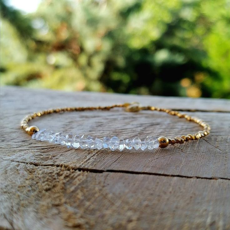 Herkimer Diamond Gold Beads Bracelet, Stacable Bracelet, Rustic Bracelet, April Birthstone A lovely clear herkimer diamond beads are extended with gold vermeil karen hill beads. The piece is finished with gold lobster claw and comes warpped in a gift box. Measurement Details: Herkimer diamond beads - 3-5mm Gold vermeil karen hill beads - 1.4mm Gold vermeil beads - 3mm Length - 7 inches (17.8mm) ♥ Warranty Included ♥ If you broke your jewelry you are welcome to send it for repair to me. You shoul Adjustable Faceted Beaded Bracelets For Wedding, Gold Gemstone Beads Bracelet For Wedding, Delicate Gold Beaded Bracelets With Gemstones, Gold Wedding Bracelets With Gemstone Beads, Gold Wedding Bracelet With Gemstone Beads, Delicate Gold Bracelets With Gemstone Beads, Delicate Gold Bracelet With Gemstone Beads, Delicate Gold Faceted Beaded Bracelets, Delicate Gold Beaded Crystal Bracelet