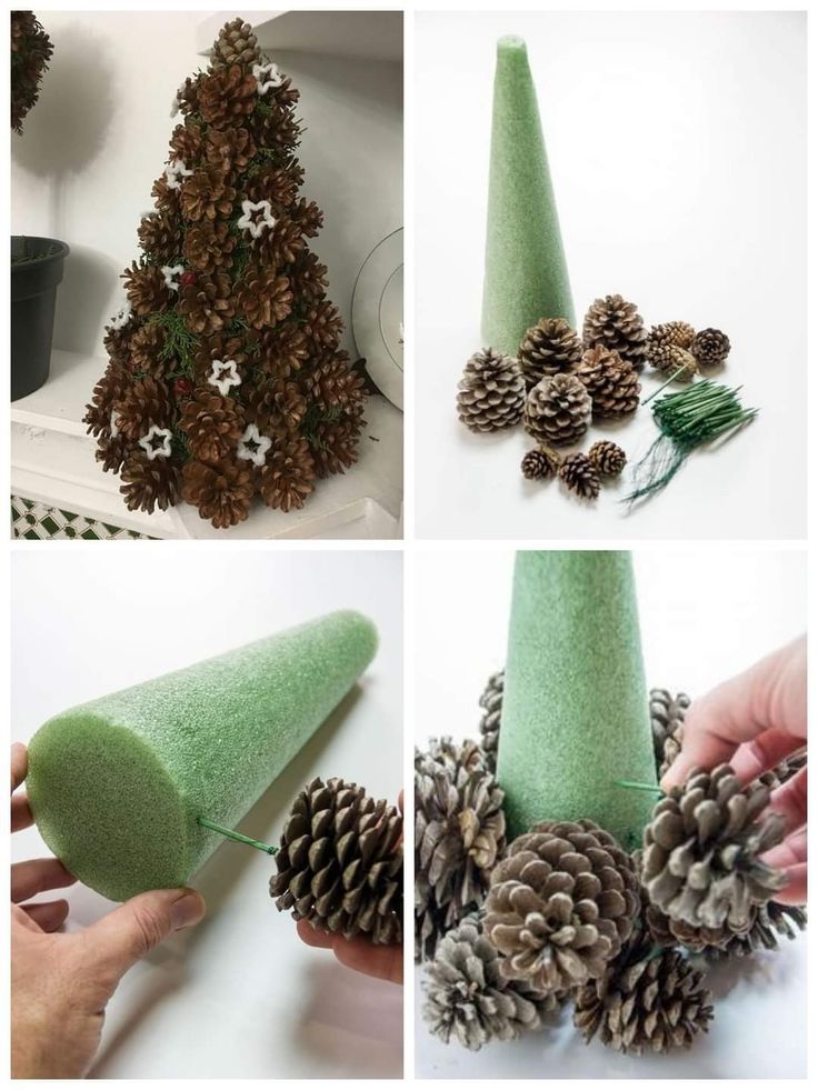 pine cones are used to decorate the top of this christmas tree, and then put together