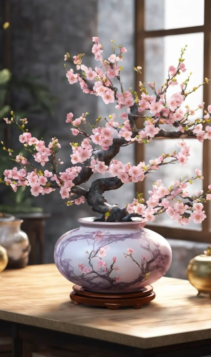 a vase filled with pink flowers sitting on top of a wooden table next to a window