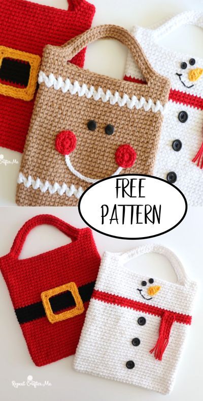 three crocheted bags with snowmen on them and the words free pattern written below