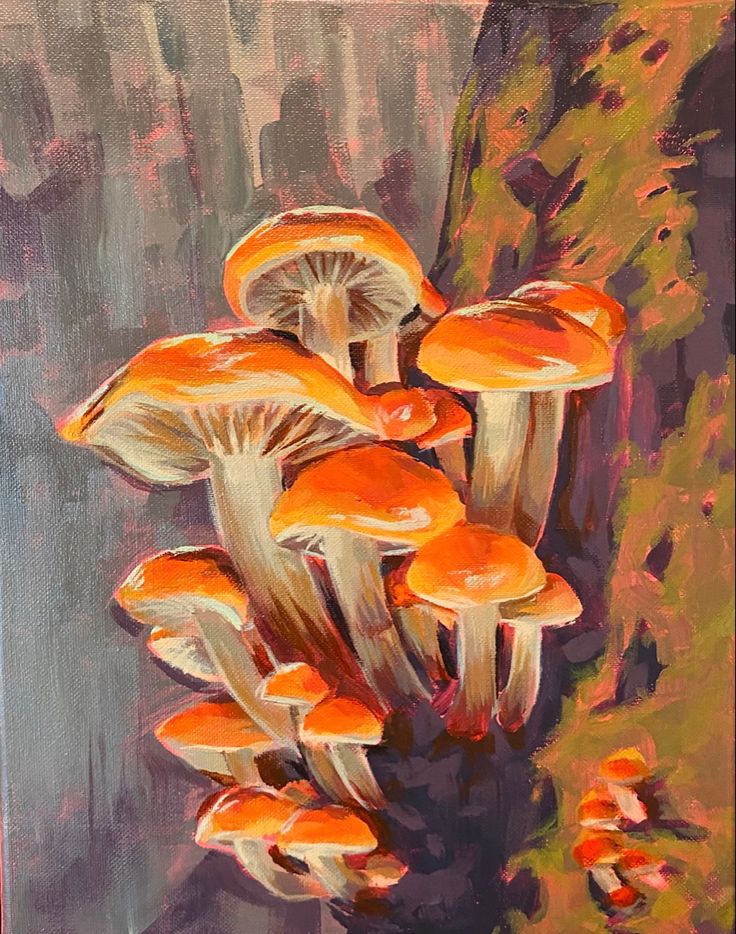 an oil painting of orange mushrooms on a purple background