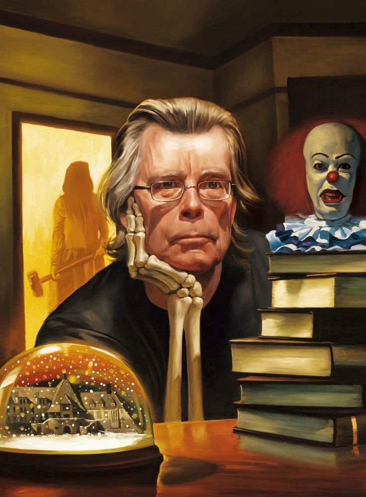 a painting of a man sitting at a desk with a creepy clown in the background