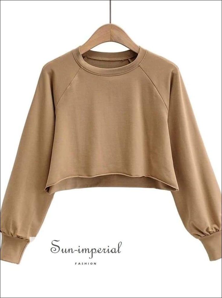 Women Khaki Crew Neck Raglan Sleeve Oversized Crop Sweatshirt with Raw Hem Short Sweatshirt, Beige Sweatshirt, Table S, Vintage Crop Tops, Cut Sweatshirts, White Crew Neck, Summer Fabrics, Solid Clothes, High Fashion Street Style