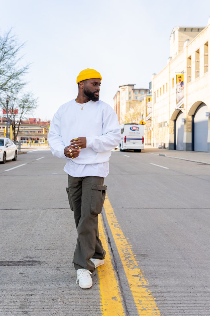 Mixed Men Fashion, Men’s Vintage Streetwear, Bucket Hat Men’s Outfit, Hbcu Homecoming Outfits Tailgate Men, Men’s Elevated Street Wear, Fisherman Beanie Outfit Men, Men Streetwear Photoshoot, Beanie Outfit Men Street Styles, Olive Green Pants Outfit Men