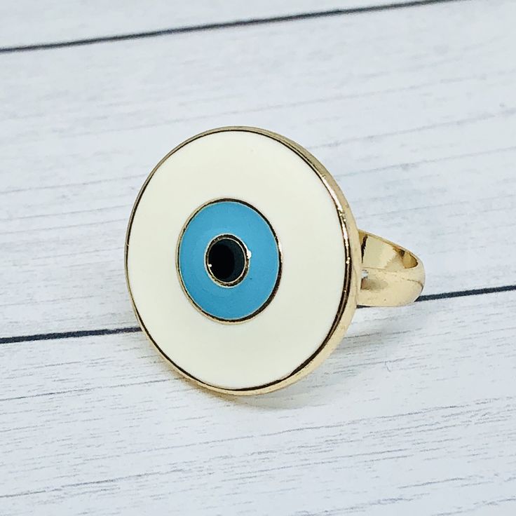 Evil Eye Enamel Round Ring Nickel Free White Round Ring, Adjustable Nickel-free Enamel Rings, White Open Ring With Enamel, White Enamel Open Ring, Adjustable White Enamel Ring, Adjustable Enamel Promise Ring, Evil Jewelry, Evil Eye Ring Gold, Turkish Eye