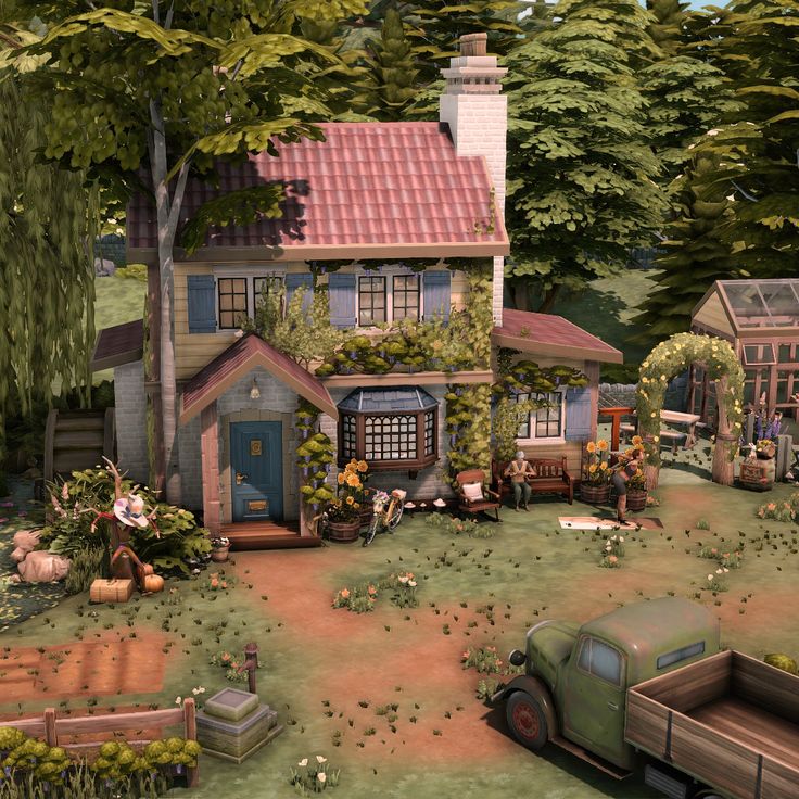 Sims 4 Farm Outfits, Sims 4 Houses Farm, Sims Homestead, Sims 4 Gardener House, Sims 4 Animal Shelter, Sims 4 Small Farm, Sims 4 Lots Cc House, Sims 4 Exterior Ideas, Sims 4 Front Yard