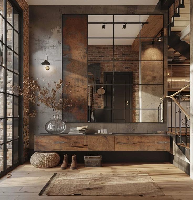 an industrial style bathroom with exposed brick walls and wood flooring, along with large windows