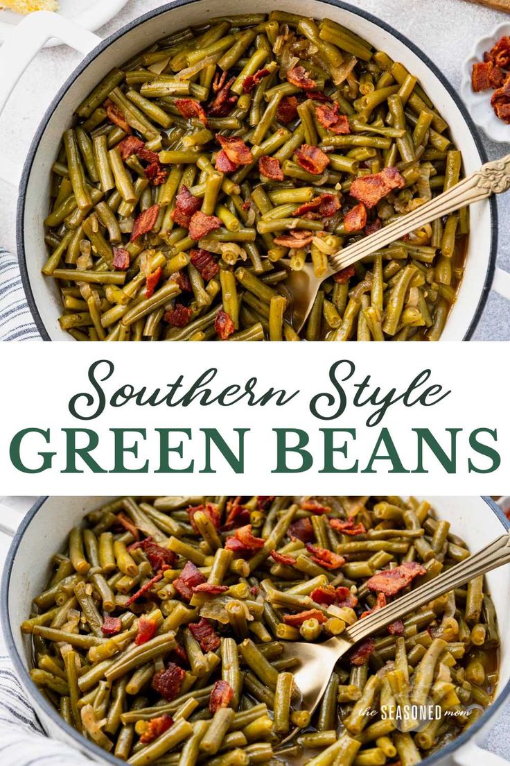 southern style green beans in a white bowl with spoons