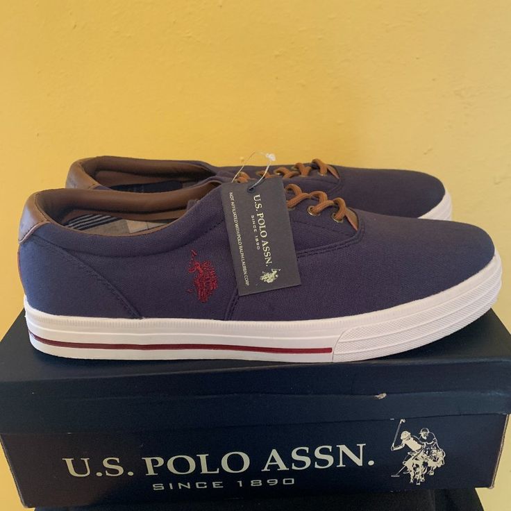 Navy Blue Canvas With Brown Accents New With Tags In Box Casual Navy Sneakers With Branded Insole, Casual Navy Slip-on Sneakers, Navy Canvas Casual Sneakers, Navy Casual Canvas Sneakers, Casual Navy Canvas Sneakers, Casual Navy Lace-up Sneakers, U.s. Polo Assn., Blue Canvas, Canvas Sneakers