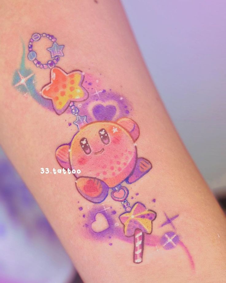 Kirby Star Tattoo, Colorful Anime Tattoo, Bright Colorful Tattoos, Kirby Tattoo, 33 Tattoo, Colourful Tattoo, New Tattoo Styles, Pastel Tattoo, Colour Tattoos