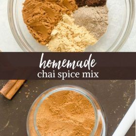 ingredients to make homemade chai spice mix in glass bowls with cinnamon sticks on the side