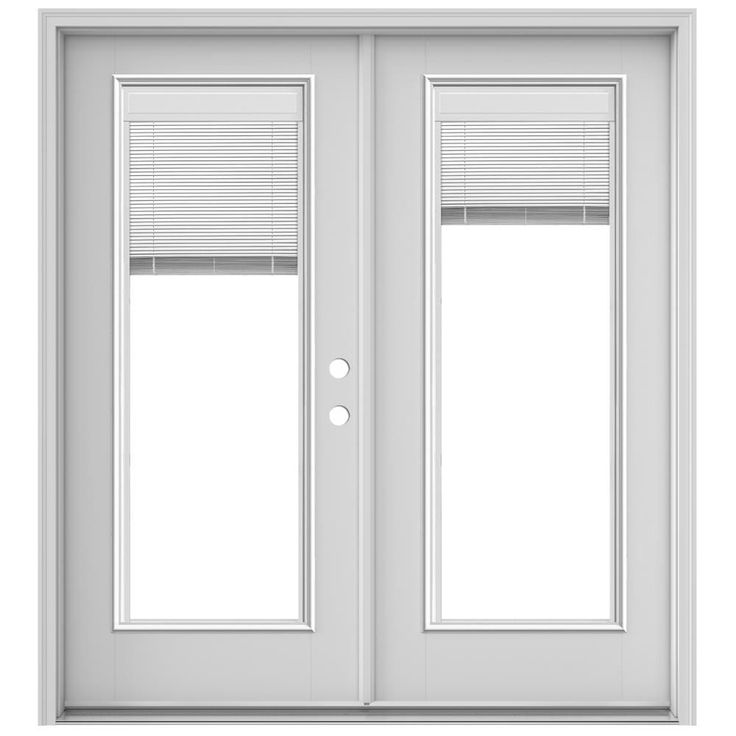 a white double door with blinds on the side and two windows in the front, facing each other