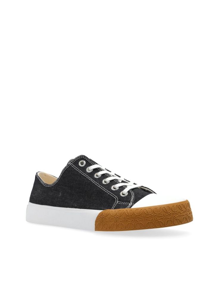 black denim panelled design contrast stitching asymmetric toe signature embossed Anagram motif front lace-up fastening branded footbed flat rubber sole logo at the sole This item is in size 44 and the color is Blue Loewe Men, Canvas Sneakers Men, Men's Journal, Sneakers Multicolor, Denim Sneakers, Raw Denim, Louis Vuitton Shoulder Bag, Canvas Sneakers, Contrast Stitch