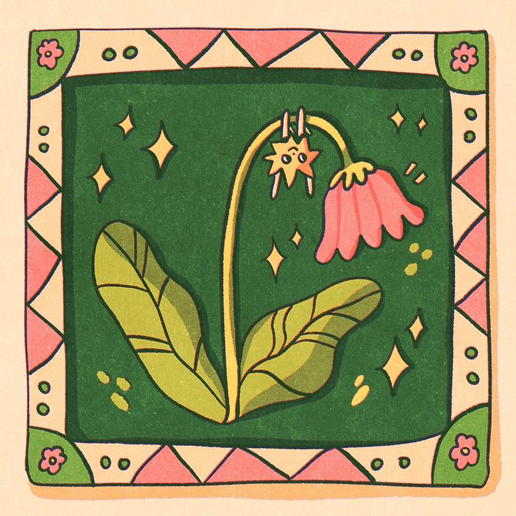 a drawing of a pink flower with green leaves and stars in the sky above it