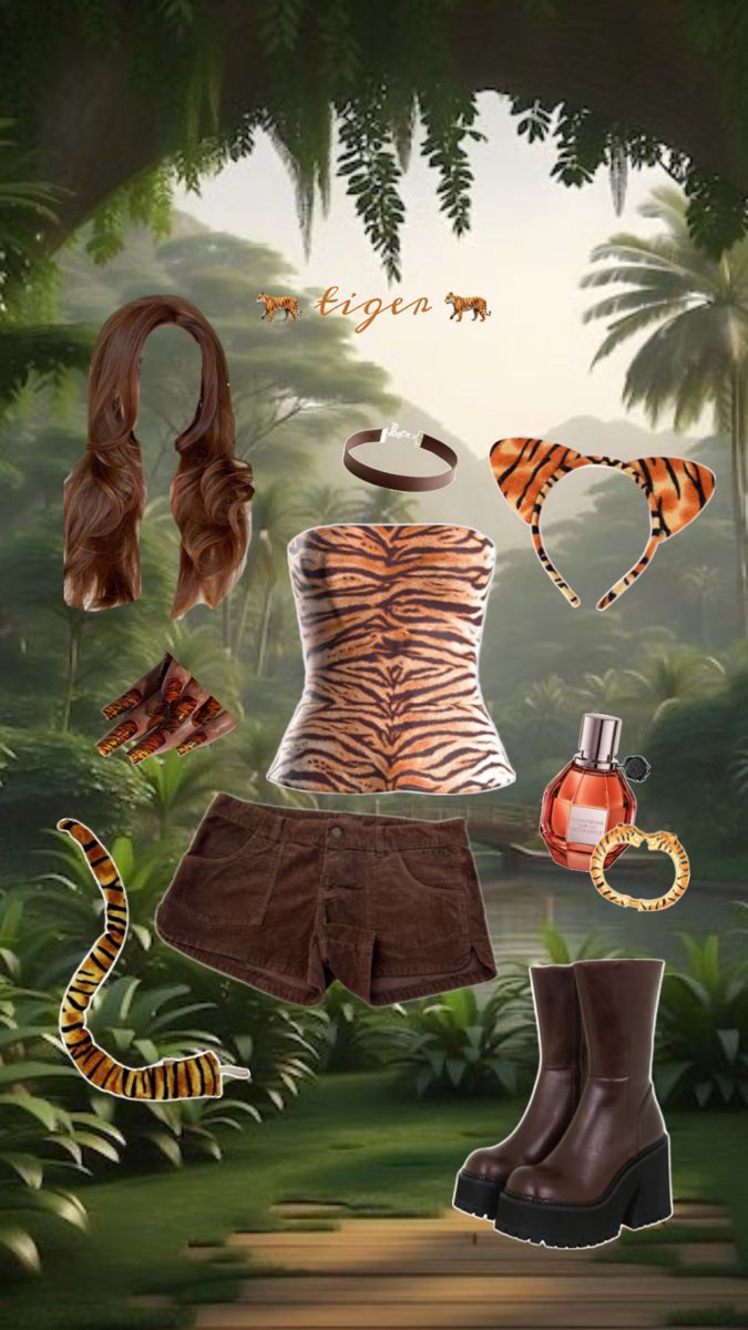 an image of a woman's clothes and accessories in the jungle with tiger print