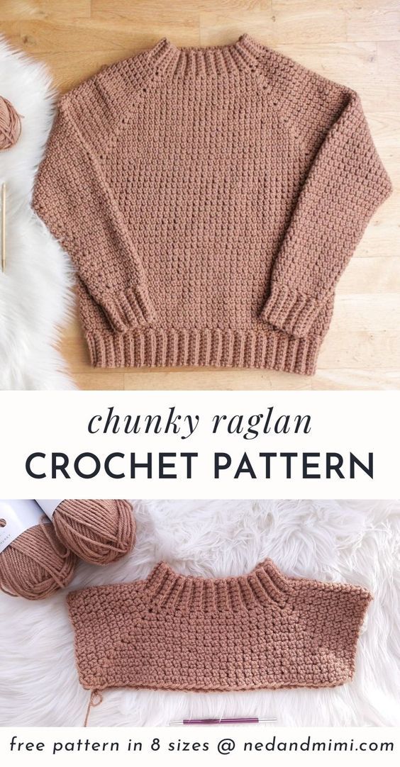 a crochet sweater and booties with text that reads chunk raglan crochet pattern