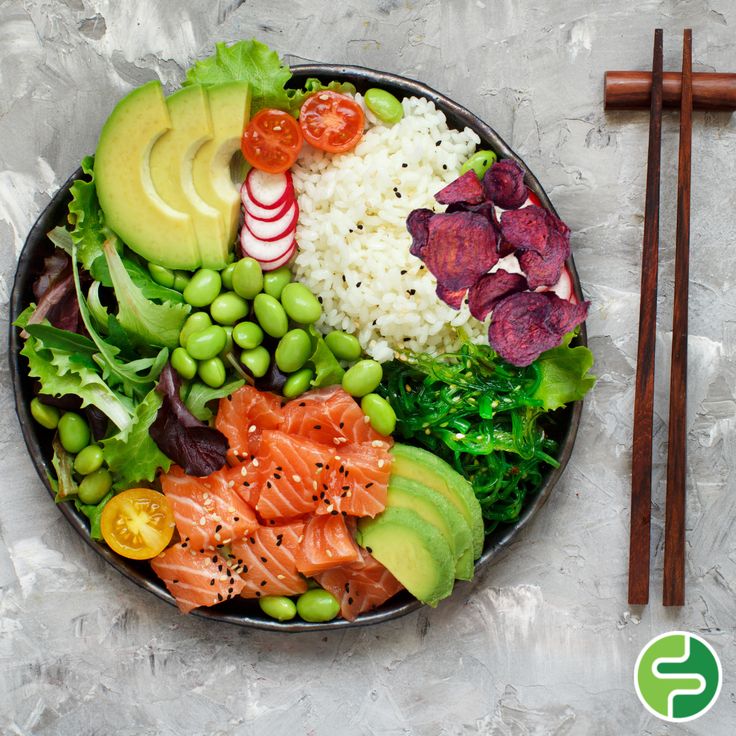 a plate filled with different types of food next to chopsticks