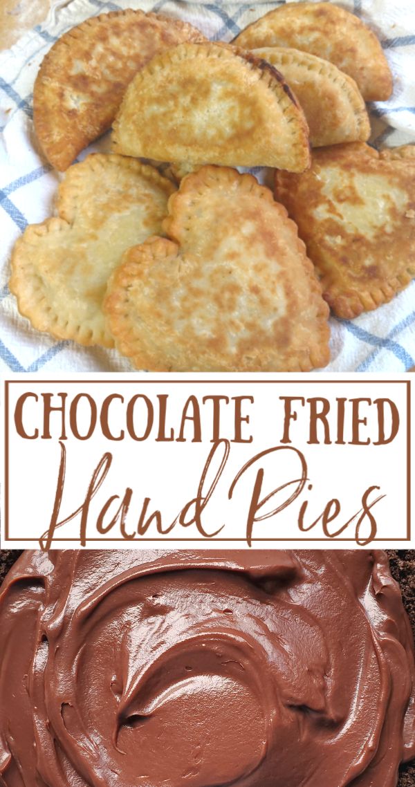 chocolate frosted hand pies on a plate with text overlay that reads, chocolate fried hand pies