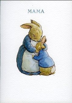 a watercolor painting of a bunny hugging a rabbit with the word mama written on it