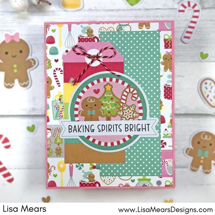 a close up of a card with gingerbreads on it and the words baking spirits bright