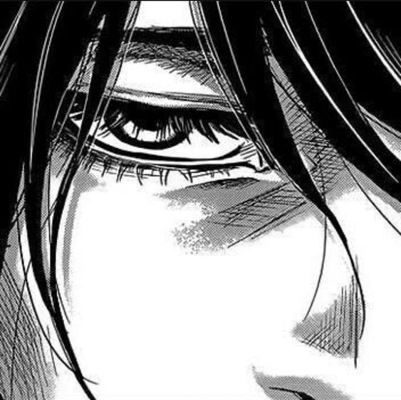 an anime character with long hair and eyes looking at the camera, in black and white