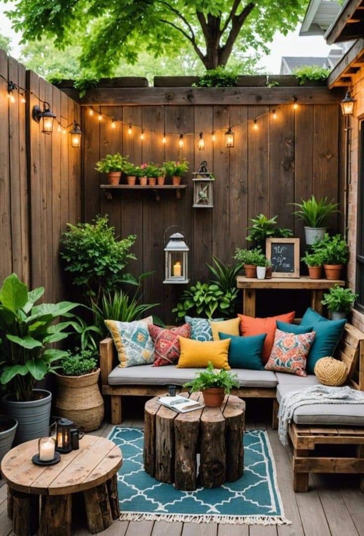 an outdoor patio with wooden furniture and potted plants