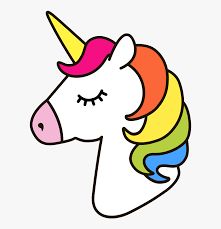 a cartoon unicorn's head with rainbow hair and eyes, on a white background