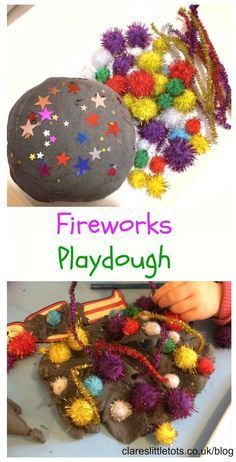 two pictures with the words fireworks playdouh on them